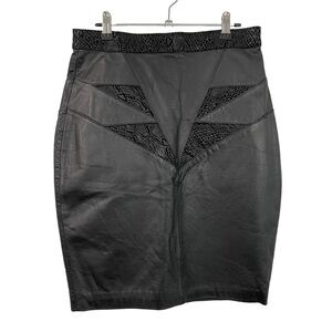 Vintage 80s Black Leather Pencil Skirt Sz 11/12 M Animal Print Panels Cool EUC